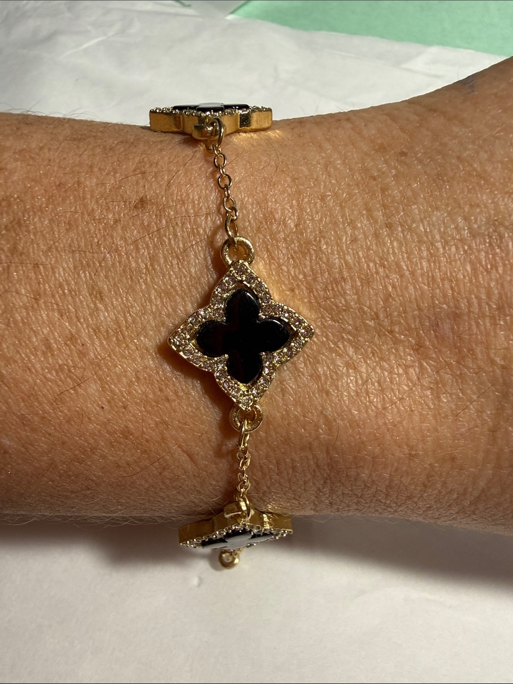Gold-Tone Black Clover Link Bracelet Adjustable 7”-10”